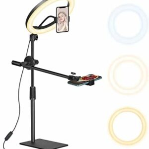 10 Zoll LED Ringlicht mit Stativ Handy, Overhead Stativ Handy mit Ringlicht, Dimmbare LED Tischringlicht für YouTube-Videoaufnahmen, Selfie, Makeup, Tik Tok, Fotografie Kompatibel mit Smartphone
