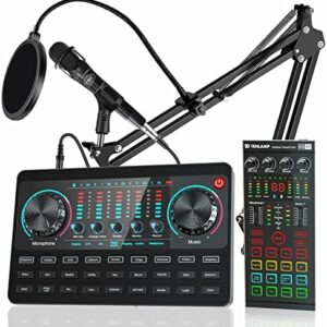Live-Soundkarten-Set mit Streaming-Mikrofon und 2-teiligem Audio-Interface mit DJ-Mixer mit Sprachwechsler Podcast-Studio-Ausrüstung für Telefon-PC-Aufnahme, Gaming, YouTube, Live-Streaming