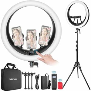 NEEWER Ringlicht RP19H 19Zoll mit Ständer und 3 Telefonhaltern, 2,4G Steuerung, 1% stufenloses Dimmen, LCD und Touch Steuerung, 42W CRI 97+ 2540 Lux, für Streaming Home Office Zoom Call Lighting