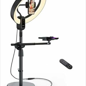 viozon Overhead Live Stand mit 12″ LED-Ringlicht, Außen 24W 6500K, Zwei Handyhalter kompatibel mit 3,5-6,7″ Handys, verstellbare Höhe und Winkel, Aluminiumlegierung, für Livestream/YouTube/TikTok