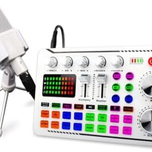 F998 Podcast-Ausrüstungs-Set mit Audio-Schnittstelle, Sprachwechsler, M998 Kondensator-Karaoke-Mikrofon, Mikrofonständer, Streaming-Podcast-Starter-Set, DJ-Audio-Mixer für Podcast und Live, Weiß