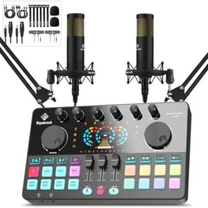 Podcast-Ausrüstungs-Set für 2, Audio-Interface mit DJ-Mixer, All-in-One mit dynamischen Mikrofonen, angepasstem Gesangsmikrofon, Sprachaufnahme, Streaming, Singen, Commander M100