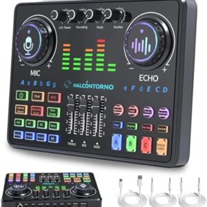 HANCONTORNO Audio Interface DJ20 – Podcast Soundboard mit 48V Phantomspeisung, Studio Soundkarte, DJ Mixer, 3 DIY Tasten, XLR Audio Mixer für PC Mac iPhone Android, Recording Studio Equipment