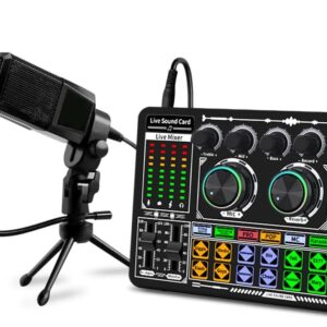 F999 Podcast-Ausrüstungs-Set mit Audio-Schnittstelle, Sprachwechsler, MS60 Kondensator-Karaoke-Mikrofon, Mikrofonständer, Streaming-Podcast-Starter-Set, DJ-Audio-Mixer für Podcast und Live