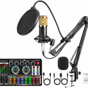 Podcast-Ausrüstungs-Set mit Audio-Schnittstelle, F999 Sprachwechsler, Kondensator-Karaoke-Mikrofon, Mikrofonständer und Mikrofon-Pop-Filter, Streaming-Podcast-Mikrofon, Starter-Set, DJ-Audio-Mixer für