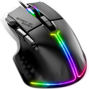 SPIRIT OF GAMER | Gaming Maus PC mit 12800 DPI | RGB Maus mit 8 Programmierbaren Tasten darunter 1 Rapid Fire | 13 Hintergrundbeleuchtungseffekte | Ergonomische Gaming Mouse mit Daumenauflage