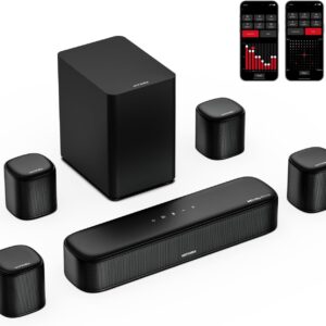 7.1ch Soundbar mit Dolby Atmos, 3D Surround Sound System für Heimkino mit 4 Surround Lautsprechern, App, Home Theater Soundsystem, TV Soundbar mit Subwoofer, HDMI eARC, Bluetooth 5.3, Aura A60