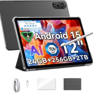 Blackview Mega2 Android 15 Tablet 12 Zoll, 24GB RAM+256GB ROM, 2K FHD Großes Display Gaming Tablet, Dual 4G LTE+5G WiFi,Octa Core T615, 9000 mAh Akuu, WideVine L1, Dual Kamera, Face ID, GPS
