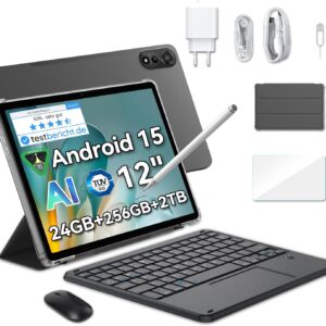 Blackview Mega2 Android 15 Tablet 12 Zoll, 36GB RAM+256GB ROM, 2K FHD Gaming Tablet mit Tastatur Maus Stift Kopfhörer, 4G LTE+5G WiFi, 9000 mAh, WideVine L1, Dual Kamera, Face ID, GPS, Hülle