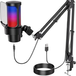 Gaming Mikrofon PC mit Arm RGB Kondensatormikrofon mit Nierencharakteristik Stummschalttaste Lautstärkeregler Popfilter Streaming Microphone Kompatibel mit PS4/5, Mac, Windows