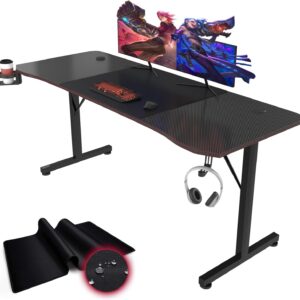 Gaiming Tisch 180cm Gaming Schreibtisch Gamer Computertisch Ergonomischer PC Schreibtisch mit Kabelaufbewahrungsbox, Getränkehalter und Kopfhörerhalter T-förmiger (Schwarz, 180 x 60 x 75 cm)