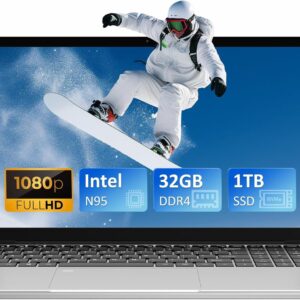 Laptop Computer with 32GB DDR4 1TB NVMe SSD, 15.6 Inch FHD IPS LCD, N95 Up to 3.4GHz with Fingerprint Unlock, Cooling Fan, Webcam, Dual Speakers, Mini HDMI, USB-A x 2, Business Laptop