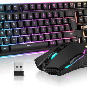 RedThunder K10 Kabelloses Gaming Tastatur und Maus Set, QWERTZ DE Layout, 3000mA Batteriekapazität und 3200 DPI für Gamer (Schwarz)