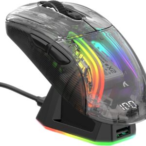 ATTACK SHARK X2 Pro Kabellose Gaming Maus mit Charging Station, Leise Maus Tri-Mode(BT5.0/2.4G Wireless/Typ-C), 4000 DPI RGB Bluetooth Maus Wiederaufladbare, Transparente Schale, für PC/MAC, Schwarz