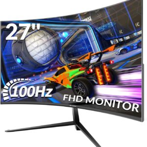 CRUA 27 Zoll 1K/100Hz Curved Gaming Monitor, Full HD 1080P 1800R, Rahmenloser PC-Monitor, 1ms GTG, FreeSync, Low Motion Blur, Augenpflege, VGA, HDMI