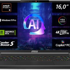 MSI Stealth A16 AI+, Gaming Laptop, Copilot+ PC, 16,0″ UHD+, AMD Ryzen AI 9 HX 370 Prozessor, 32 GB LPDDR5X-7500 RAM, 2 TB, NVIDIA GeForce RTX 4070, Windows 11 Pro, QWERTZ Tastatur, A3XVGG-203