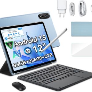 Blackview Mega2 Android 15 Tablet 12 Zoll, 36GB RAM+256GB ROM, 2K FHD Gaming Tablet mit Tastatur Maus Stift Kopfhörer, 4G LTE+5G WiFi, 9000 mAh, WideVine L1, Dual Kamera, Face ID, GPS, Hülle