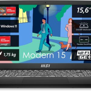 MSI Modern 15 Lifestyle & Business Laptop, 15,6 Zoll Full HD Display, AMD Ryzen 5 7530U Prozessor, 16 GB DDR4 RAM, 512GB SSD, AMD Radeon Graphics, Windows 11 Home, Schwarz, B7M-284