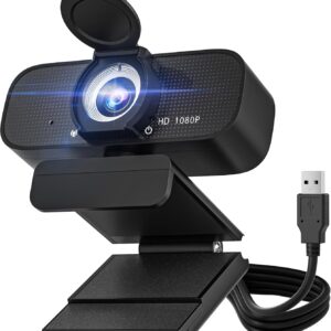 Full HD Webcam with Built-in Microphone and Rotatable Tripod, 1080P Video and Wide Angle Camera, Privacy Cover, for Desktop PC or Laptop Computer