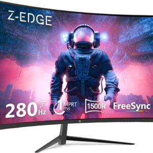 Z-Edge 27 Zoll Curved Gaming Monitor 280Hz (DP) 240Hz (HDMI) 1ms MPRT Full HD LED Monitor, 350cd/m² Helligkeit, 16:9 Curved Bildschirm, FreeSync, HDMI 2.0 & DisplayPort 1.2 – Schwarz (2025 Version)