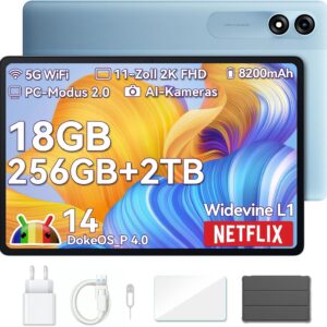 Blackview Tab9 WiFi Android 14 Tablet 11 Zoll 2K FHD+ Großes Display, 18GB+256GB(2TB) Octa-Core T606 Widevine L1 Gaming Tablet 13MP+5MP, 8200mAh Akku mit 2.4G/5G WiFi, GMS, Face ID, HULLE