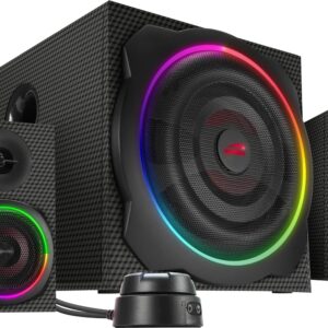 Speedlink GRAVITY CARBON RGB PC Lautsprecher 2.1 Soundsystem Bluetooth – mit Subwoofer aus Holz, Aktiv Lautsprechersystem 120 Watt, 3,5mm Klinke, AUX, Tischfernbedienung, schwarz