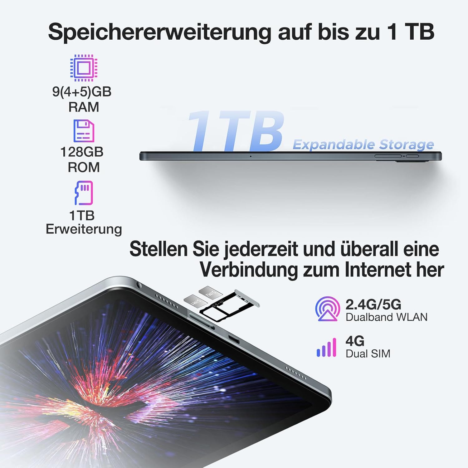 DOOGEE T30SE Tablet Android 14, 9(4+5) GB RAM +128GB ROM (2TB TF) Tablets, 2.4K IPS Großes Display Gaming Tablet 11 Zoll, 8580mAh Akku, Dual 4G LTE 5G WiFi, 13MP+5MP Kamera, Octa-Core, OTG – Bild 3