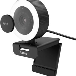 Hama Webcam mit Licht, Zoom, Fernbedienung (QHD 2K PC-Kamera mit Mikrofon Stereo Streaming-Cam, Ringlicht-Webcam Abdeckung, Autofokus, 360° drehen 89° neigen, 1/4-Zoll-Gewinde f Webcam-Stativ) schwarz