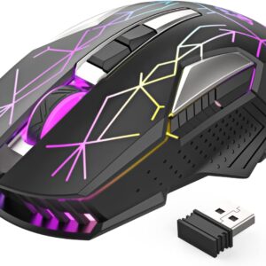Kabellose Gaming-Maus, 2400 DPI, Seitentaste, USB Empfänger, Atmung RGB-Beleuchtung, 7 Tasten Lautloses Klicken, 2.4 GHz Wiederaufladbar Wireless Mouse, Gaming-Maus für Laptop, PC – Stern Schwarz