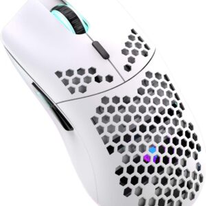 Lancoon Kabellose Gaming Maus, Hohl Geschnitztes Design, Bunt, Wiederaufladbar, Langlebig, 2.4 G 4 Einstellbare 3200-DPI-Stufen, 7 Tasten, Optischer Sensor Für E-Sportb Arbeit(Weiß)