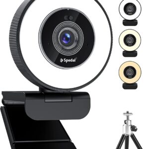 Spedal Webcam 4k mit Ringlicht, integriertem Doppelmikrofon & Privacy-Schieber – Schneller Autofokus, einstellbare Helligkeit, USB-Streaming-Kamera mit Stativ für Zoom, Teams, YouTube, Skype Meetings