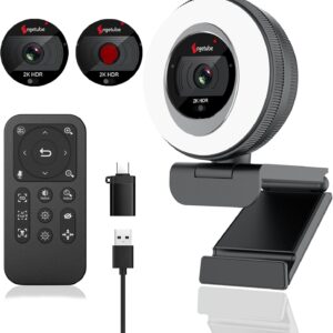 Angetube Streaming Webcam, 2K Webcam mit Ringlicht, 1080P HDR PC-Kamera mit Steuerung, Dual-Stereo-Mikrofon und Privatsphäre-Abdeckung, Autofokus 5-Fach Zoom, Computerkamera für Laptop