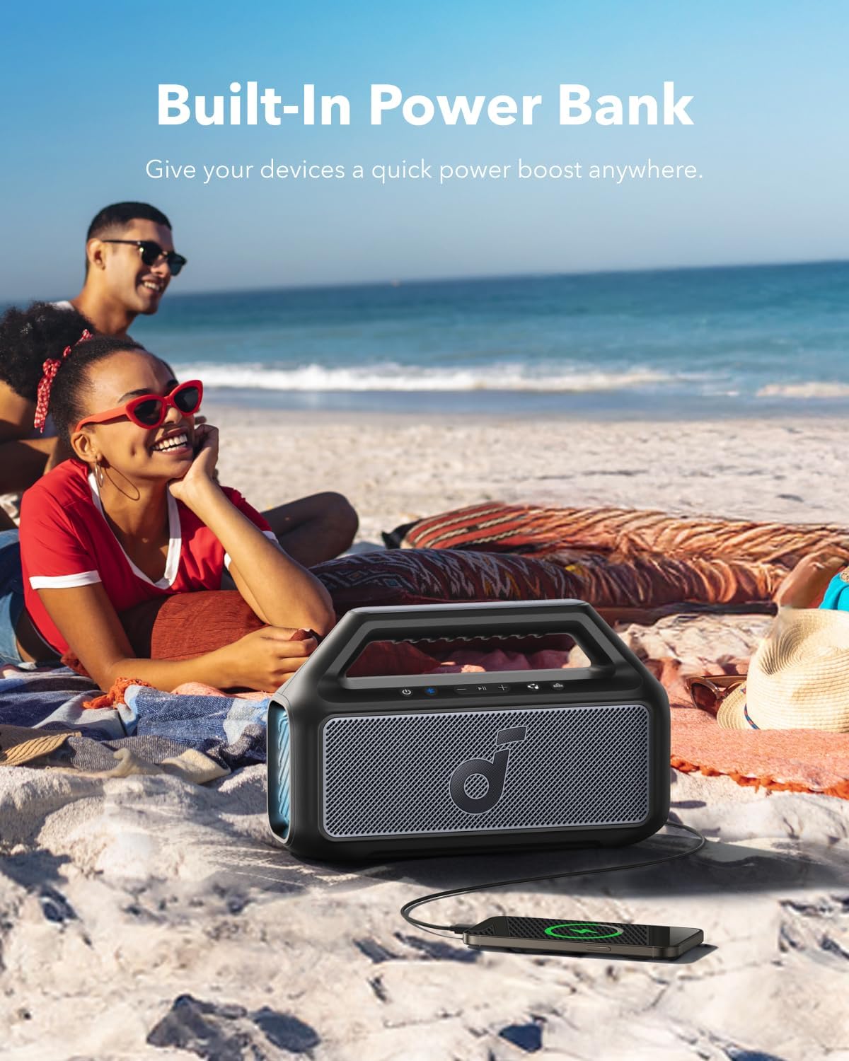 soundcore by Anker, Boom 2 Outdoor-Lautsprecher, 80W, Subwoofer, BassUp 2.0, 24h Akku, IPX7 Wasserdicht & Schwimmt, LED-Licht, USB-C, EQ, BT 5.3, Mobiler Bluetooth-Speaker, Camping, Strand, Garten – Bild 7