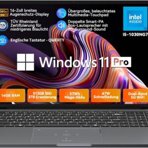 Blackview Laptop Acebook 12 Intel Core I5-1030NG7, 16 Zoll FHD, 16GB DDR4, 512GB SSD 2TB,Win11 Pro Notebook, 57Wh Mega Akku/ 67W Schnellladung, HDMI 2.0, Tastatur QWERTY, USB 3.0×2, Dual-Band 5G WiFi