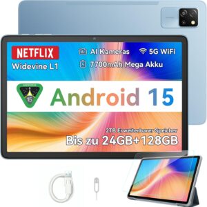 Blackview Android 15 Tablet 10 Zoll, Tab60Pro Gaming Tablet 4G LTE+5G WLAN 24GB(8+16) RAM 128GB ROM (2TB TF) 7700mAh 5MP+8MP Unisoc Octa-Core, Face ID/GMS/GPS/3.5MM Kopfhörerbuchse/BT5/Widevine L1