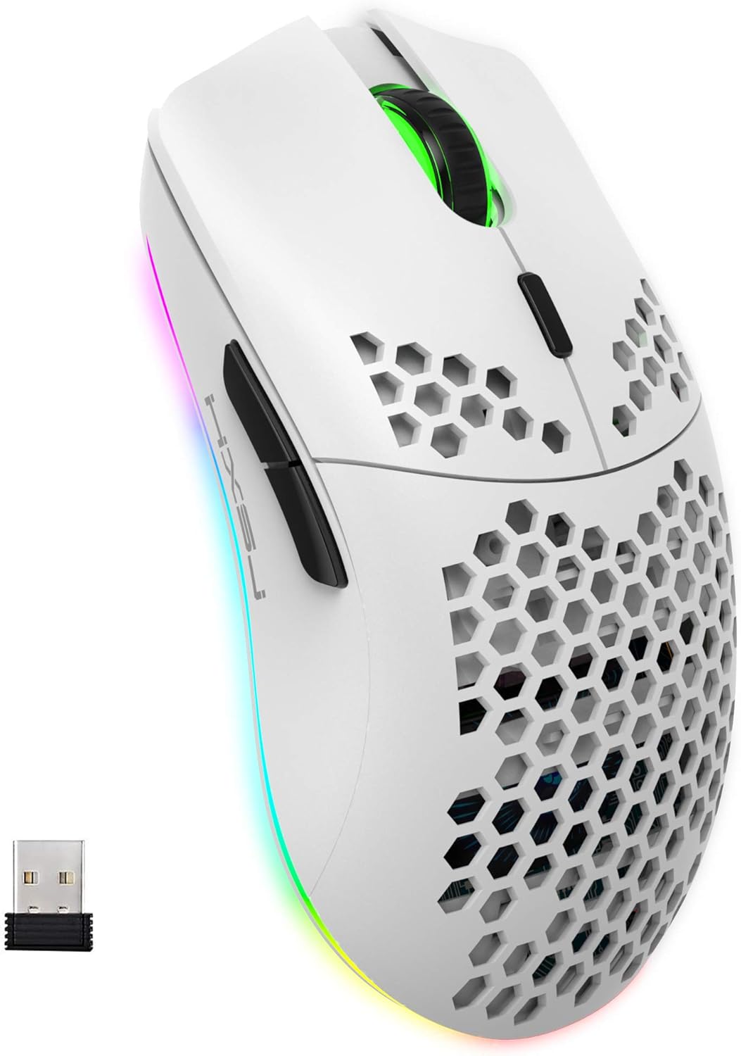 Drahtlose Gaming Maus, 2,4G Superleichte Wabenschale Ergonomische RGB-Mäuse mit 750mAh Akku, Energiesparendes Design, 6 Tasten und Mini-USB-Empfänger für Windows, Mac OS, Laptop, Smart-TV(Weiß)