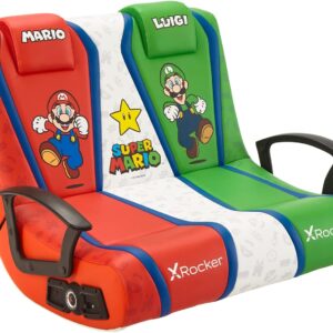 X Rocker Dual Rivals Super Mario 2-Spieler Gaming Sessel – Musiksessel für Kinder & Jugendliche mit 2.1 Soundsystem – Zusammenklappbarer Bodensessel