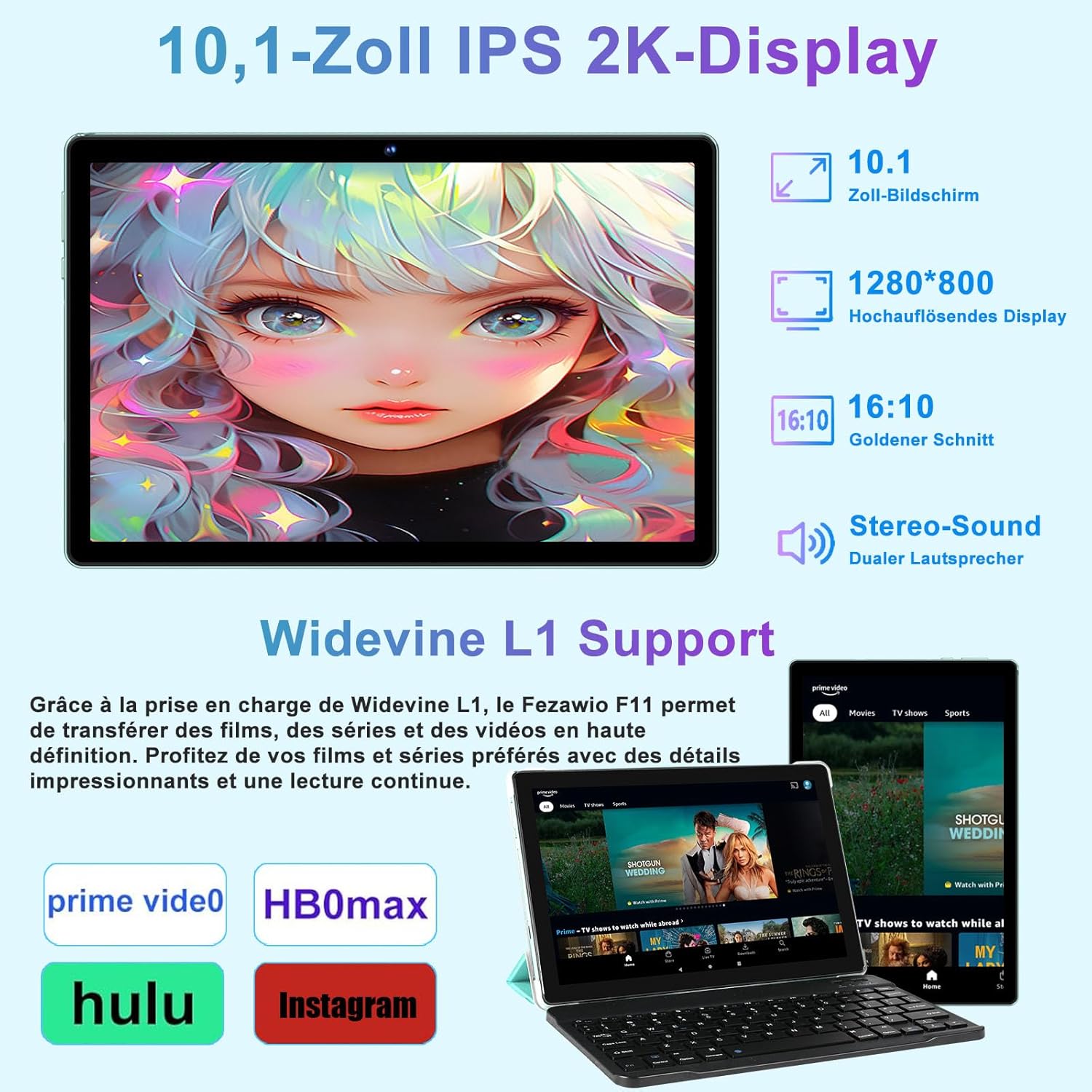 Fezawio Android 14 Tablet 10 Zoll 20GB RAM+128GB ROM, Acht Kerne WiFi 6, 6000mAh, (1TB TF) Mit Tastatur und Maus+Ein Jahr Bildschirmversicherung - (Grün) – Bild 5