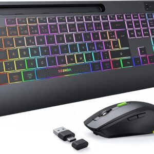 seenda Tastatur Maus Set kabellos beleuchtet, wiederaufladbare USB & Typ C Funktastatur mit Maus mit Handyhalter und Handballenauflage fĂźr PC/Windows/Mac, leise Klicken & QWERTZ Layout, Schwarz