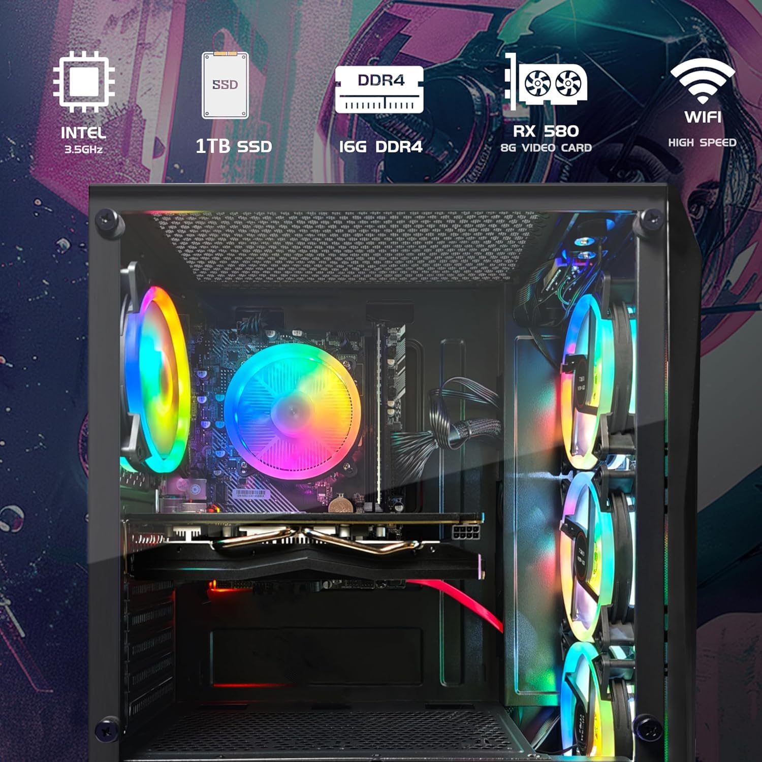 Gaming PC, Radeon RX 580 8 GB GDDR5, Celeron G5905 3.5 GHz, 16GB RAM, 1TB SSD, 600M WLAN, BT 5.0, RGB Lüfter x 4, W11H64, Gamer PC Computer Desktop Rechner – Bild 4