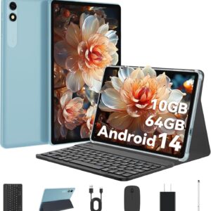 Android 14 Tablet 10 Zoll, 10GB RAM+64GB ROM/TF 1TB, WLAN,8-Core, WideVine L1, 1280 * 800, 6000mAh, 5MP+8MP, BT5.0, GMS Tablet PC mit Hülle Tastatur Maus Stift Netzstecker (Blau)