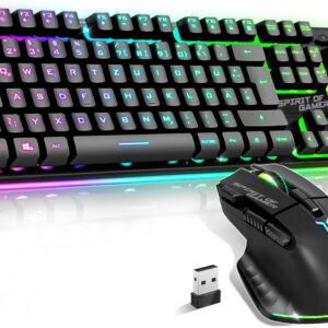 SPIRIT OF GAMER x Ultimate 600 | Gaming Tastatur Maus Set Kabellos Schwarz Wiederaufladbar RGB | DE Layout | Semi Mechanisch | Aluminiumplatte | 4800 DPI Wireless Mouse | Für PS5, PS4, PC, Xbox