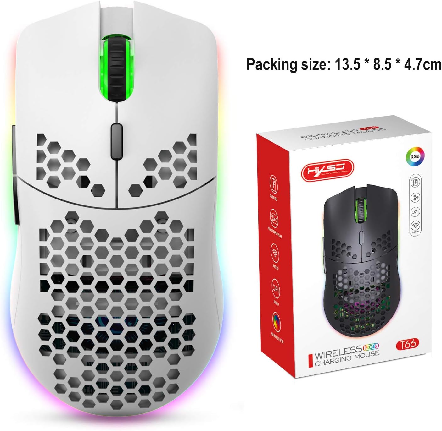 Drahtlose Gaming Maus, 2,4G Superleichte Wabenschale Ergonomische RGB-Mäuse mit 750mAh Akku, Energiesparendes Design, 6 Tasten und Mini-USB-Empfänger für Windows, Mac OS, Laptop, Smart-TV(Weiß) – Bild 9