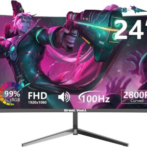 Curved Gaming Monitor 24 Inches, 100 Hz, FHD (1920 x 1080P), HDMI 2.0, HDR, Anti-Blue Light Eye Protection, 99% sRGB, FreeSync, VESA Support, Can Be Tilted, Screen