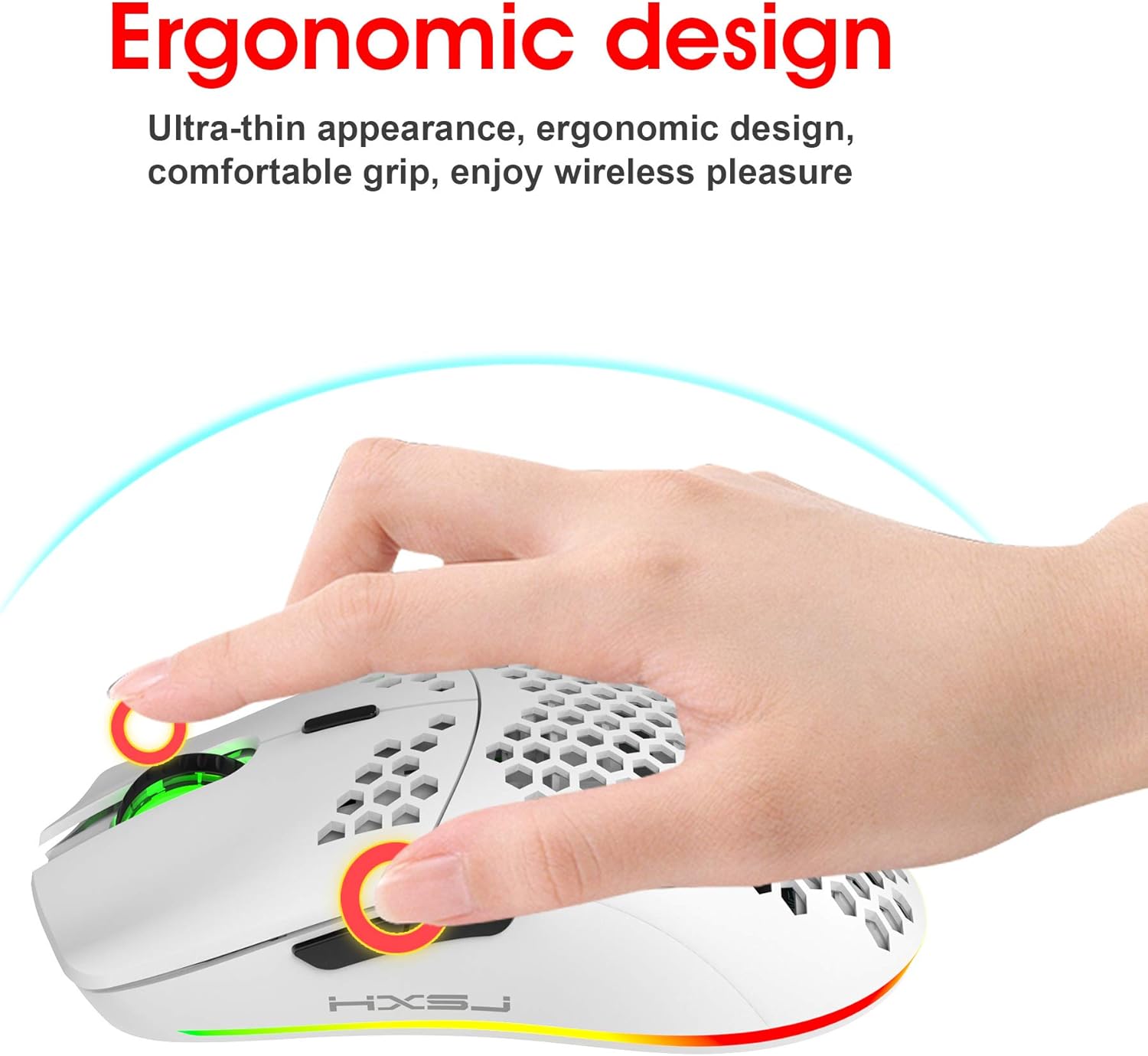Drahtlose Gaming Maus, 2,4G Superleichte Wabenschale Ergonomische RGB-Mäuse mit 750mAh Akku, Energiesparendes Design, 6 Tasten und Mini-USB-Empfänger für Windows, Mac OS, Laptop, Smart-TV(Weiß) – Bild 3