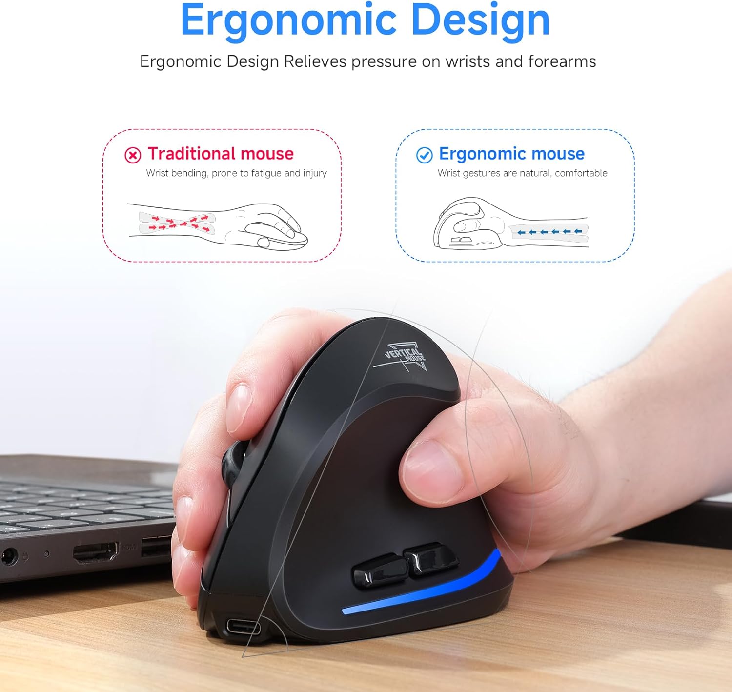 Update-Version 2.4G Vertikale Ergonomische, Silent RGB Vertical Maus, 4800 DPI, 6 Tasten Wiederaufladbare Funkmaus PC Maus Kabellos für Windows/Laptop/PC, Wireless Ergonomic Mouse – Bild 2