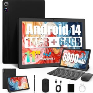 2025 Newest Tablet 11 Zoll Android 14 Octa-Core mit 14GB RAM+64GB ROM (TF 1TB), 8200mAh, Widevine L1, WiFi 6, Bluetooth5.0, Type-C, Tablet mit Tastatur Maus – Schwarz