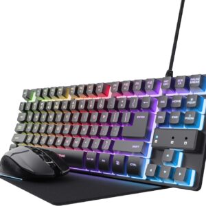 Trust GXT 1794 Set Gaming Tastatur QWERTZ DE Layout mit Funkmaus und Mauspad, 3-in-1 LED Gaming Paket, Wiederaufladbare Kabellose Maus 80 Stunden Akkulaufzeit, Kompakte TKL USB Tastatur PC, Schwarz