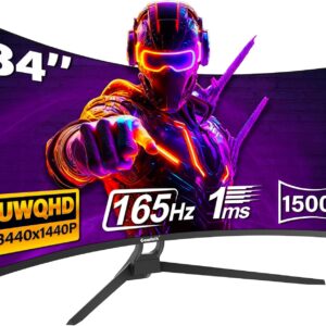 Gaming Curved Monitor 34 Zoll 165Hz, 1500R Ultrawide PC Bildschirm UWQHD 3440x1440P, Gebogenes Computerbildschirm, VA, Displayport, HDMI, VESA 75 * 75mm
