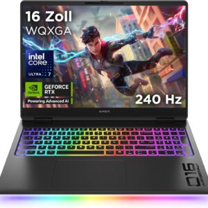 Omen MAX Gaming Laptop, 16″ 2.5K WUXGA Display 240Hz, Intel Ultra 7-255HX (20C) 13 NPU Tops, NVIDIA GeForce RTX 5070 Ti 12GB VRAM, 32 GB DDR5 RAM, 1 TB SSD, Win 11, QWERTZ, RGB, Alu Schwarz